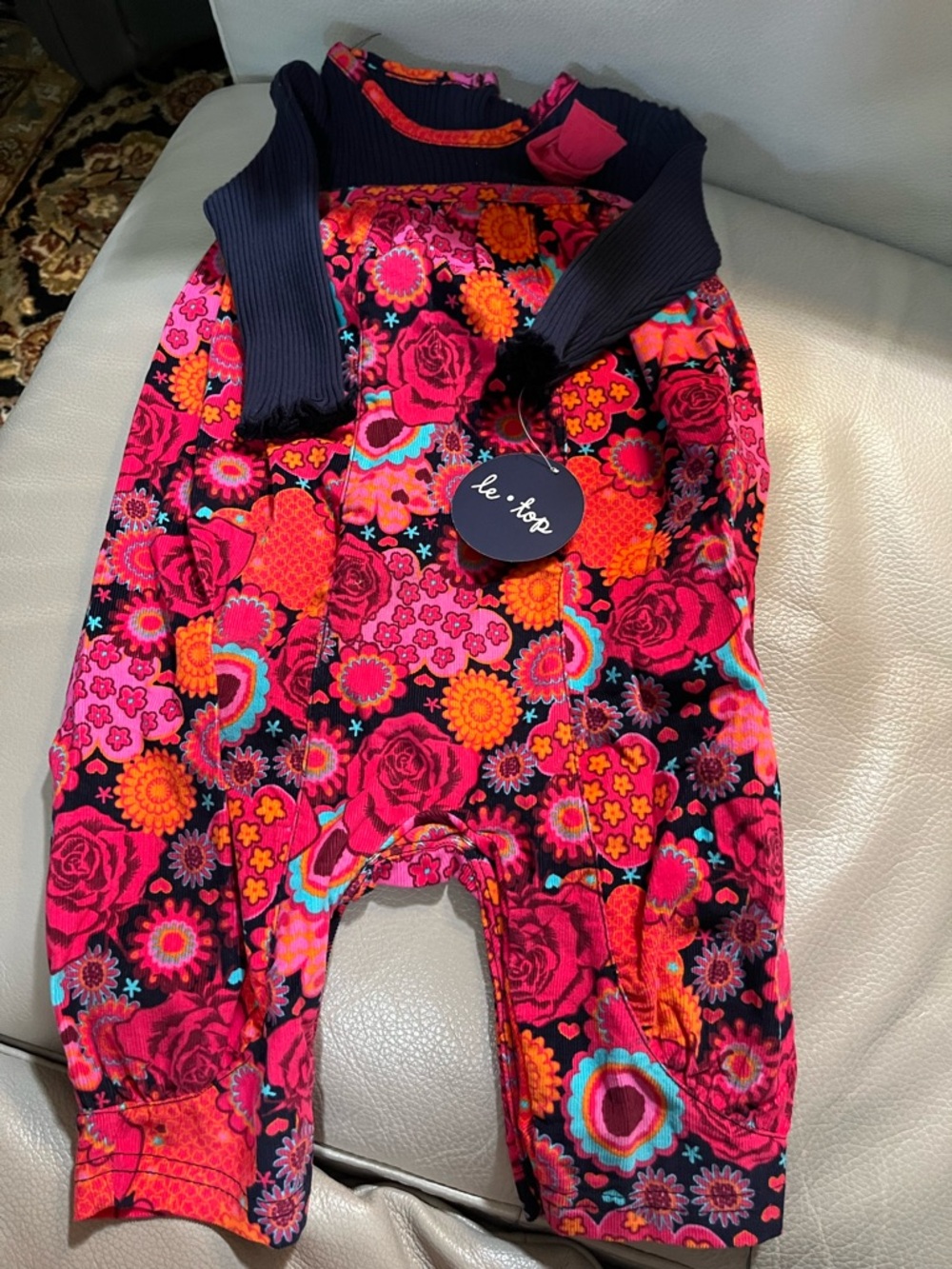 Le Top Floral Rib-Sleeve Romper - Bright Pink & Orange 9 months NWT